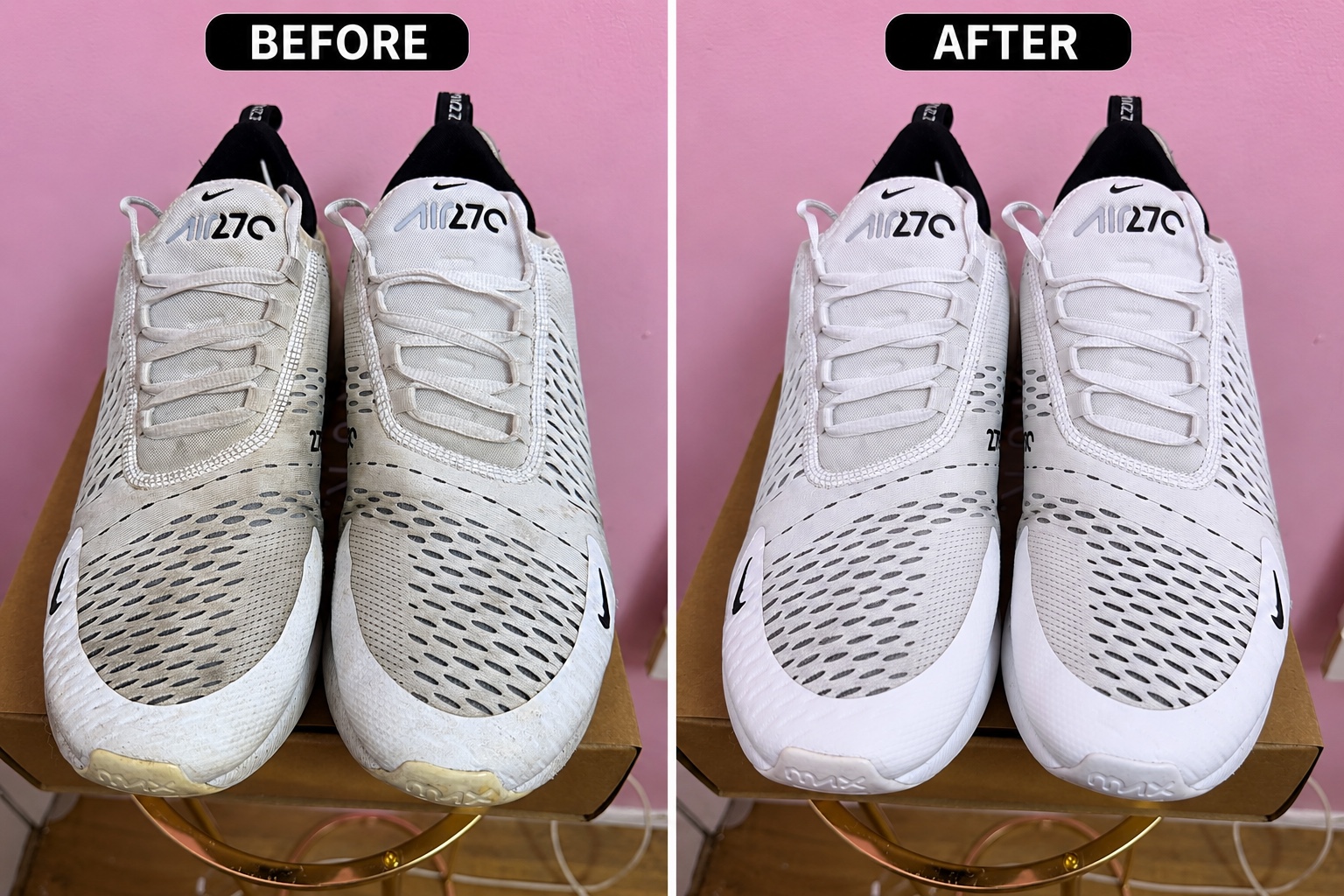 Before and after cleaning result for white Fabric shoes