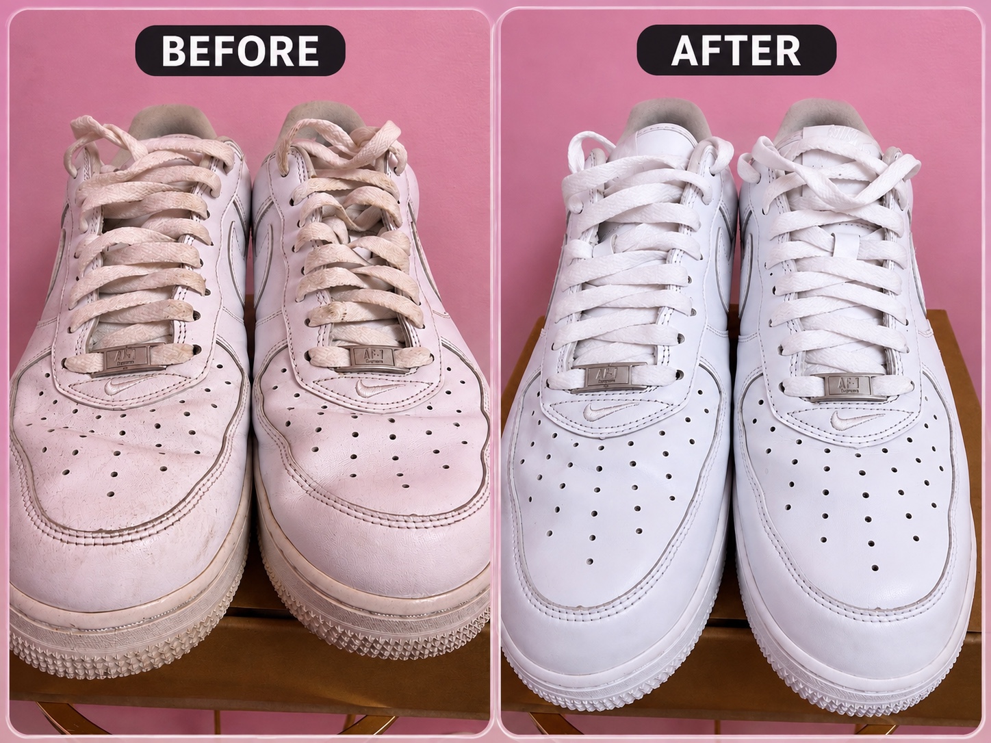 Before and after cleaning result for white Smooth Leather shoes